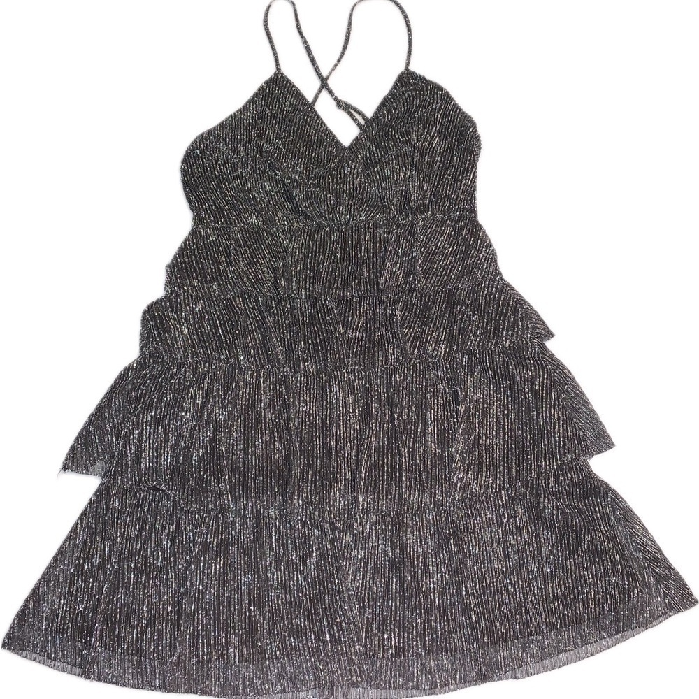 Lulus Glowing Gorgeous Silver Metallic Sparkly Shiny Tiered Mini Dress 4 Flaw - Picture 5 of 13